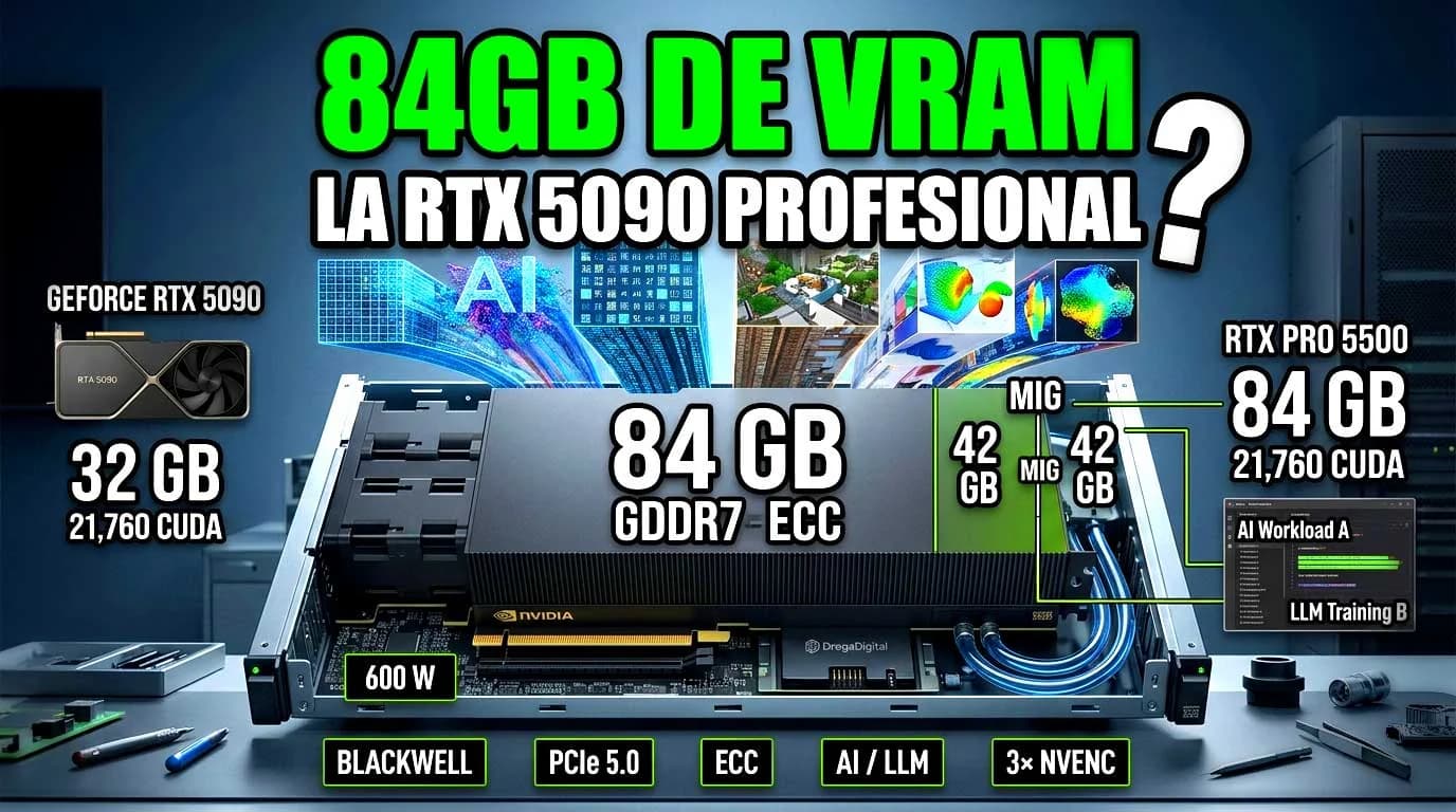 NVIDIA RTX PRO 5500 llega con 84 GB GDDR7 ECC y 600 W para IA y workstations en rack
