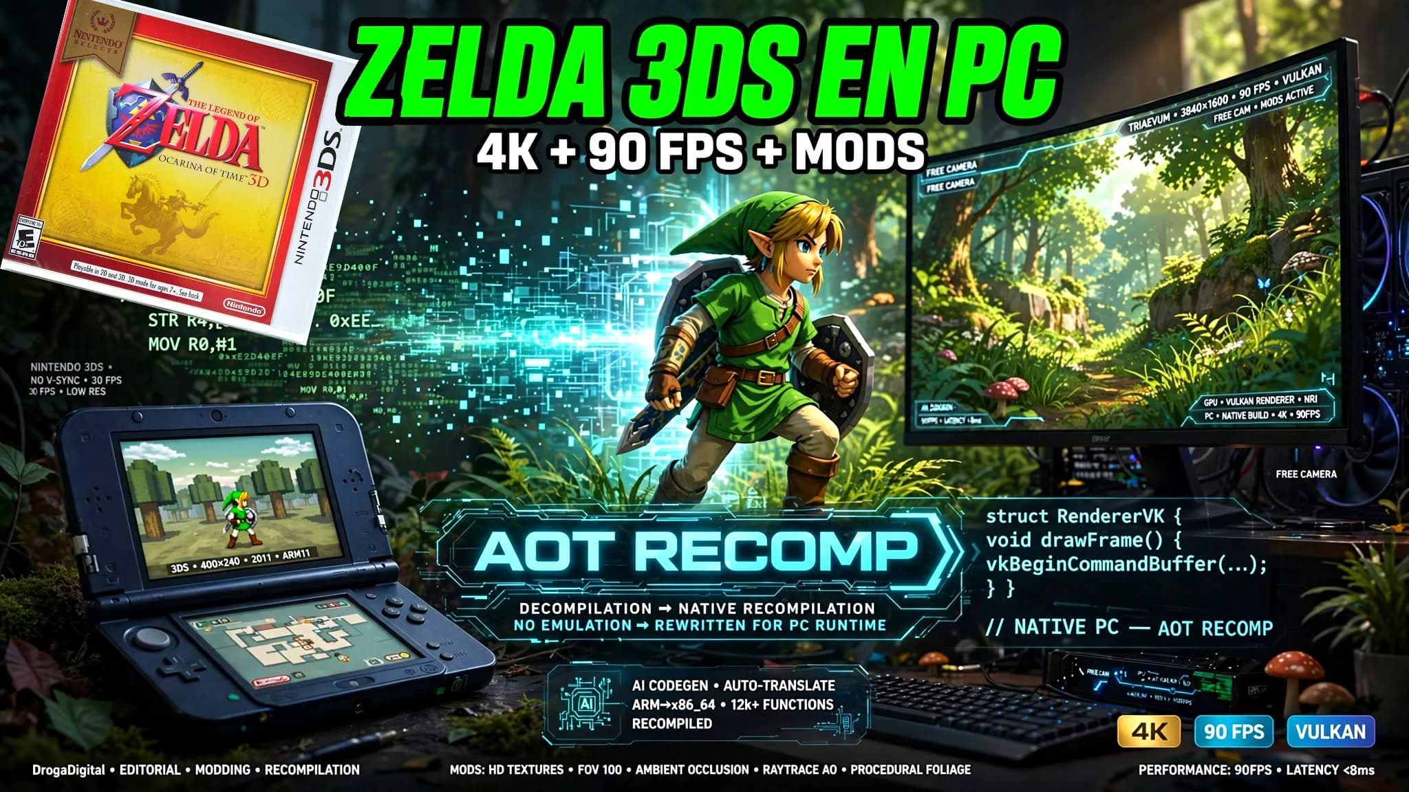 Ocarina of Time 3D ya corre como juego nativo en PC: TriAevum lo lleva a 4K, 90 FPS y hasta pasto procedural